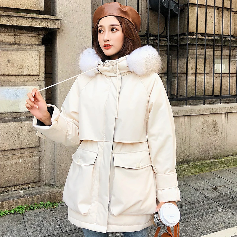 Крутое зимнее пуховое пальто с капюшон с натуральным мехом для России, Женская пуховая куртка, женские теплые осенние куртки-пуховики, парка, пальто, верхняя одежда