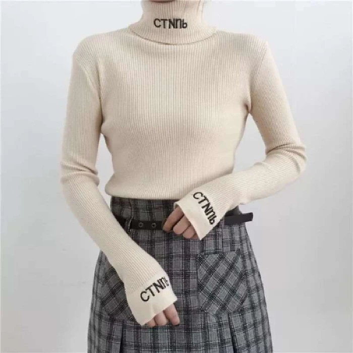 

2019 Turtleneck Autumn Winter Letter Embroidery Pullovers Kintted Sweater Women Casual Solid Cotton Elasticity Sweaters