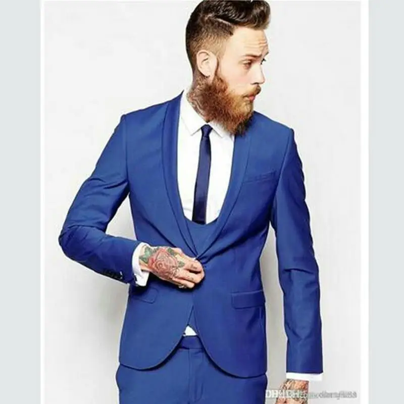 Королевский синий мужской костюм Slim Fit 3 шт Мужские вечерние костюмы на заказ свадебные женихи смокинги блейзер(куртка+ брюки+ жилет - Цвет: 2