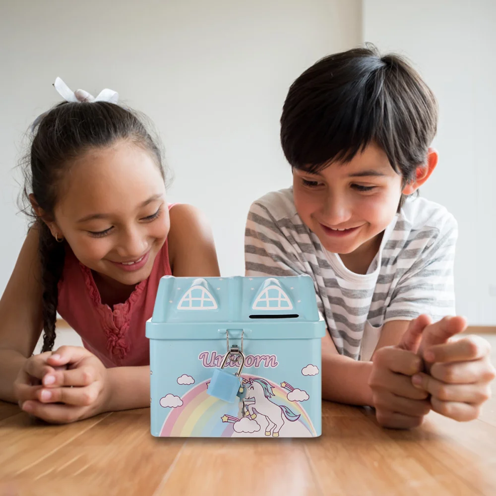 Bank Piggy Money Saving Box Kids Cartoon Jar Lock Metal Storage House Banks Children Girls