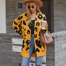 

Long Style Leopard Knitted Cardigans Women V-Neck Loose Casual Sweaters 5 Colors Fashion Autumn Winter Warm Knitted Coats Tops