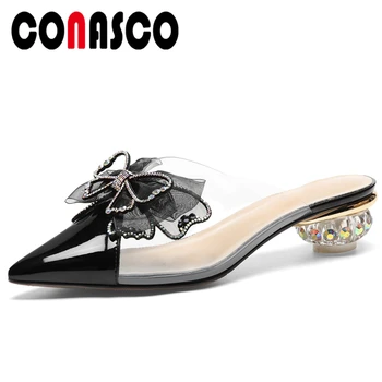 

CONASCO Women Sandals Mules Slippers Pumps Genuine Leather High Heels Butterfly-Knot Summer Fashion Wedding Casual Shoes Woman