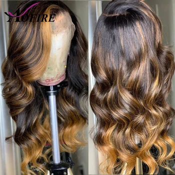 

Full lace Human Hair Wigs Ombre Highlight Honey blonde Wavy Wig Brazilian Remy Hair Pre Plucked 150 Density For Women