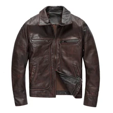 Мужская Ретро винтажная коричневая натуральная кожаная куртка размера плюс XXXL настоящая Толстая воловья кожа зимняя повседневная кожаная куртка