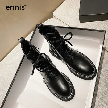 

ENNIS Platform Martin Shoes Ankle Lace Up Boots For Women Split Leather Low Heel Shoes Black Booties Autumn Winter Fashion A0139