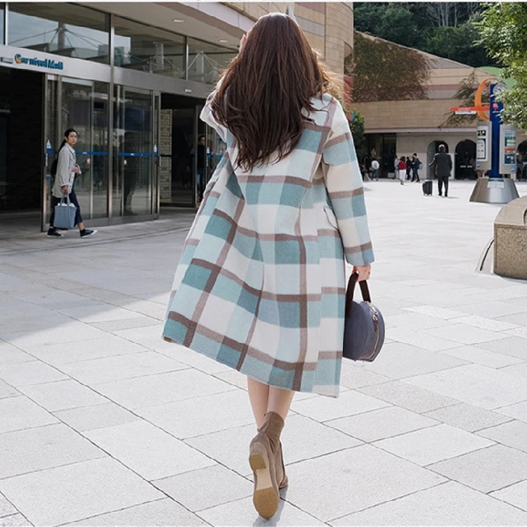 

2019 New Winter Women Long Wool Blends Jackets Women Fashion Plaid Thick Warm Office Ladies Jackets Coats Trench Outerwear WJ99