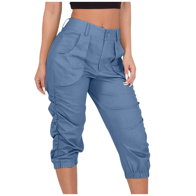 Women's Relaxed-fit Cargo Capri Pant Paper Bag High Waist Pencil Cropped Pant Slim Fit Casual Trouser Long Pants With Pockets
