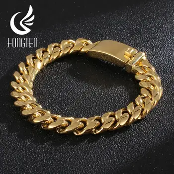

Fongten Cool Cuban Link Chain Mens Bracelet Gold/Black/Silver Color Punk Hippie Custom Bracelets Men Fashion Jewelry