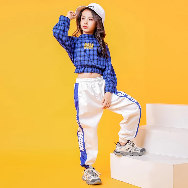 Blue Girls Boys Hip Hop Hoodies Dance Clothes for Kids Jazz Dancing Costumes SweaterShirt Ballroom Crop Tops Plaid Jogger Pants (2)