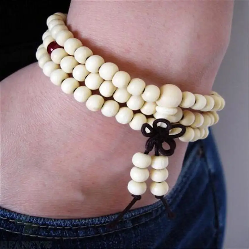 

6mm White sandalwood 108 Beads Tassel Mala Bracelet natural Wrist Unisex MONK Lucky energy Healing