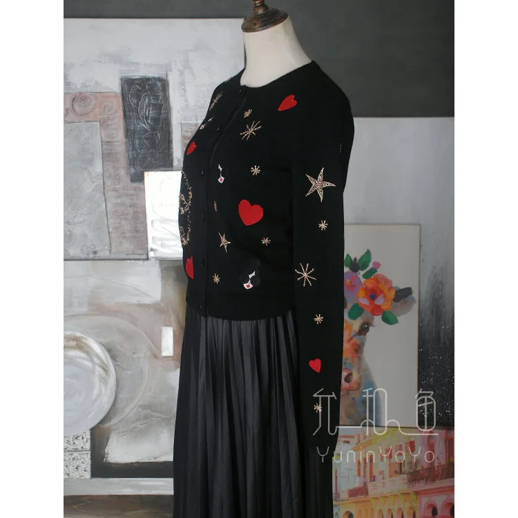 YUNINYOYO Lovly embroidery with heart sunglasses red lips dolls heavy hand-made beads star snowflakes 100% wool women cardigan YUNINYOYO Lovly embroidery with heart sunglasses red lips dolls heavy hand-made beads star snowflakes 100% wool women cardigan