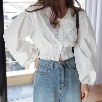 

Alien Kitty Young Girl White High Waist Cute Elegance 2020 Streetwear Short Blouses Hot Puff-Sleeved Sweet Chic Pleated Shirts