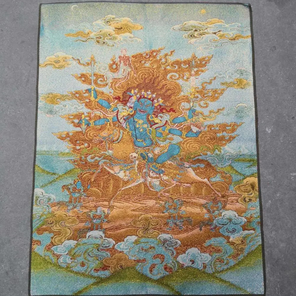 

35" Thangka embroidery Tibetan Buddhism silk embroidery brocade Nepal Three heads six arms Mahakala Buddha statue horse riding