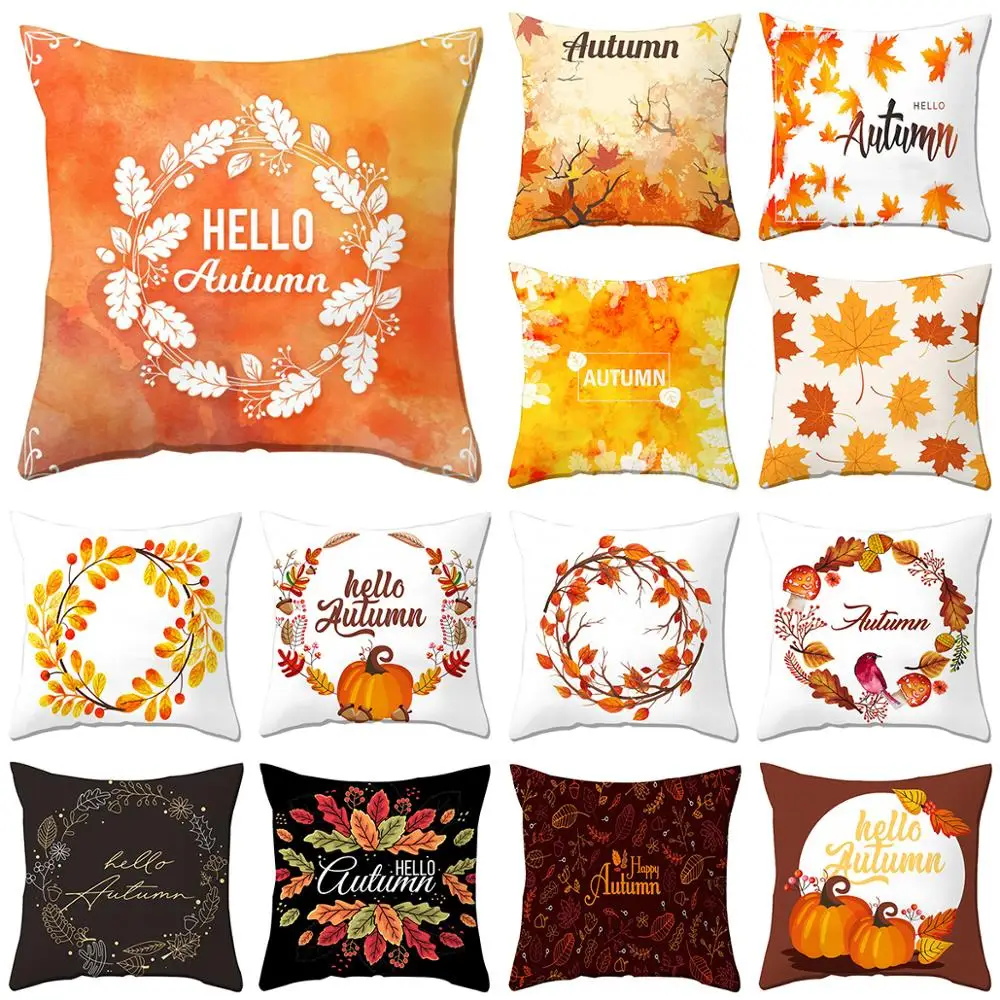 

ZEIMON Fall Leaves Pillow Cushion Covers Autumn Pumpkin Watercolor Room Sofa Car Farmhouse Home Decor Pillowcase 45x45cm