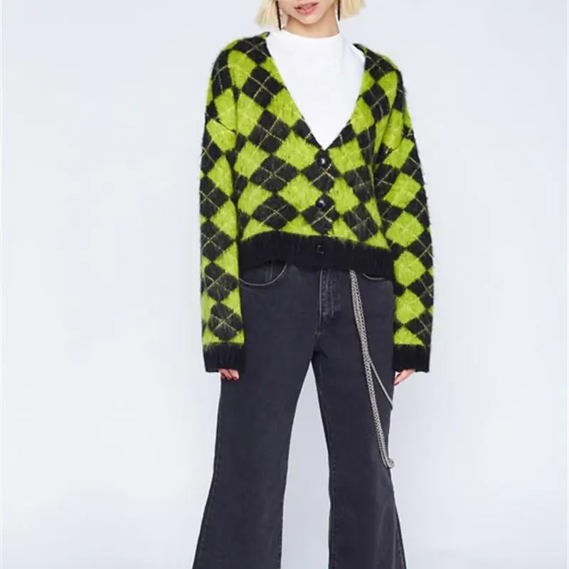 ^Cheap Autumn Winter Lattice Knitted Long Cardigans Loose Casual Preppy Style Thick Sweaters Plaid Women Knitting Jumpers Jackets