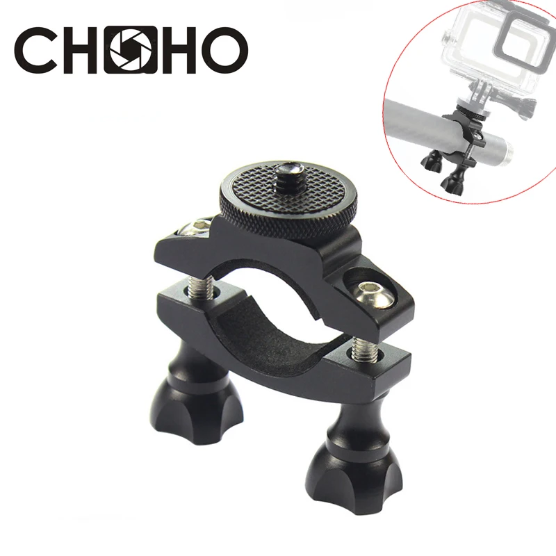 Support de guidon en aluminium CNC pour caméras d'action, montrant les détails de fabrication et la compatibilité Gopro DJI Insta360.