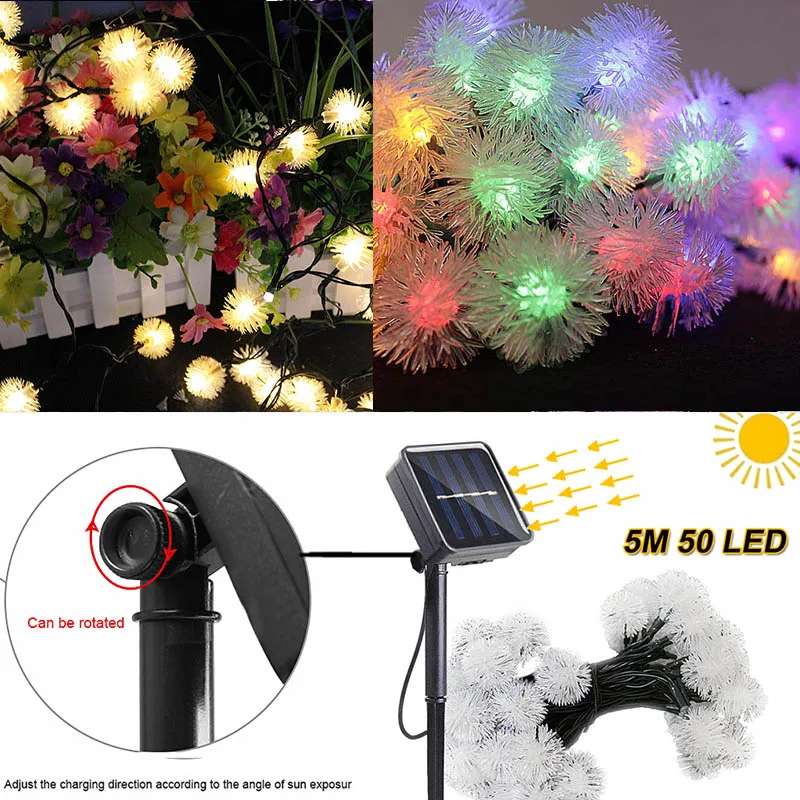 Waterproof Solar Garland 5m 50 LED Garden Lights Dandelion String Light Outdoor Party Christmas Fairy Path Patio Lawn Lamp Decor