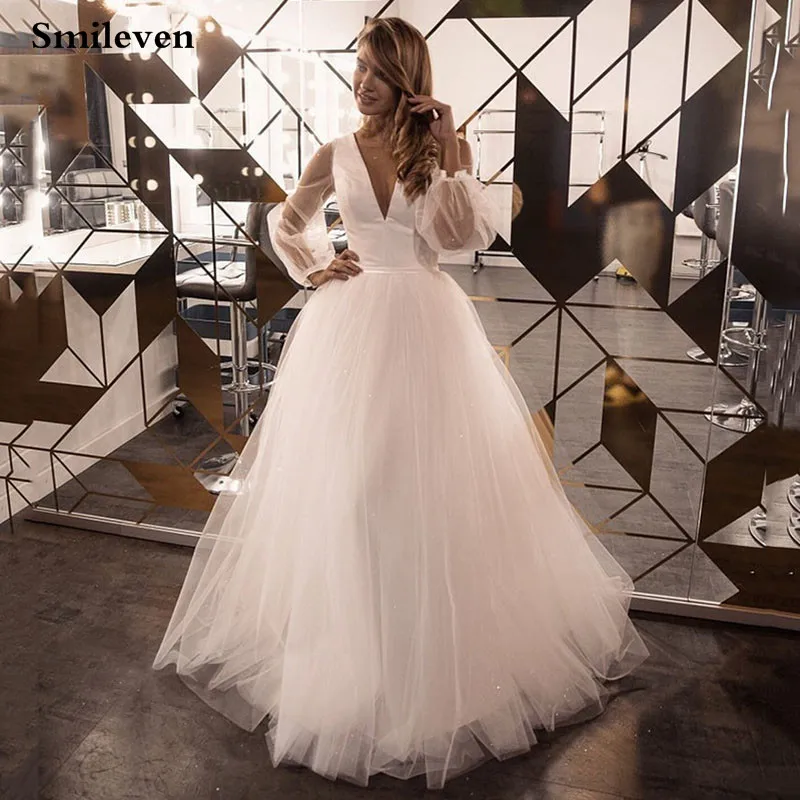 

Smileven Princess Wedding Dress Puff Sleeve V Neck Shhinyy Bridal Gown Sexy Beach Wedding Dresses Robe de mariage
