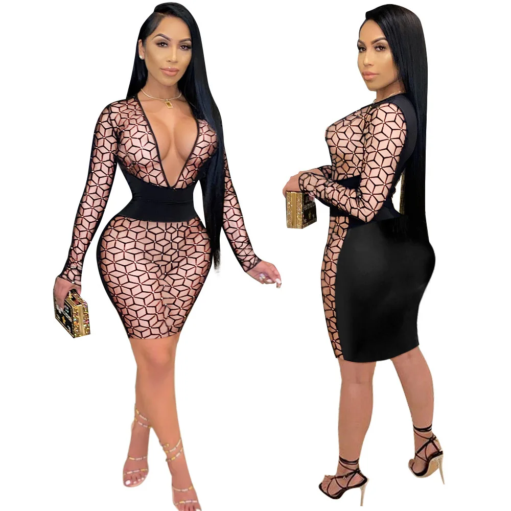 

Sexy Geometric Patchwork Mini Dress Women Bodycon Outfits Deep V Neck Long Sleeve Short Vestidos Night Club Party Fall Robes