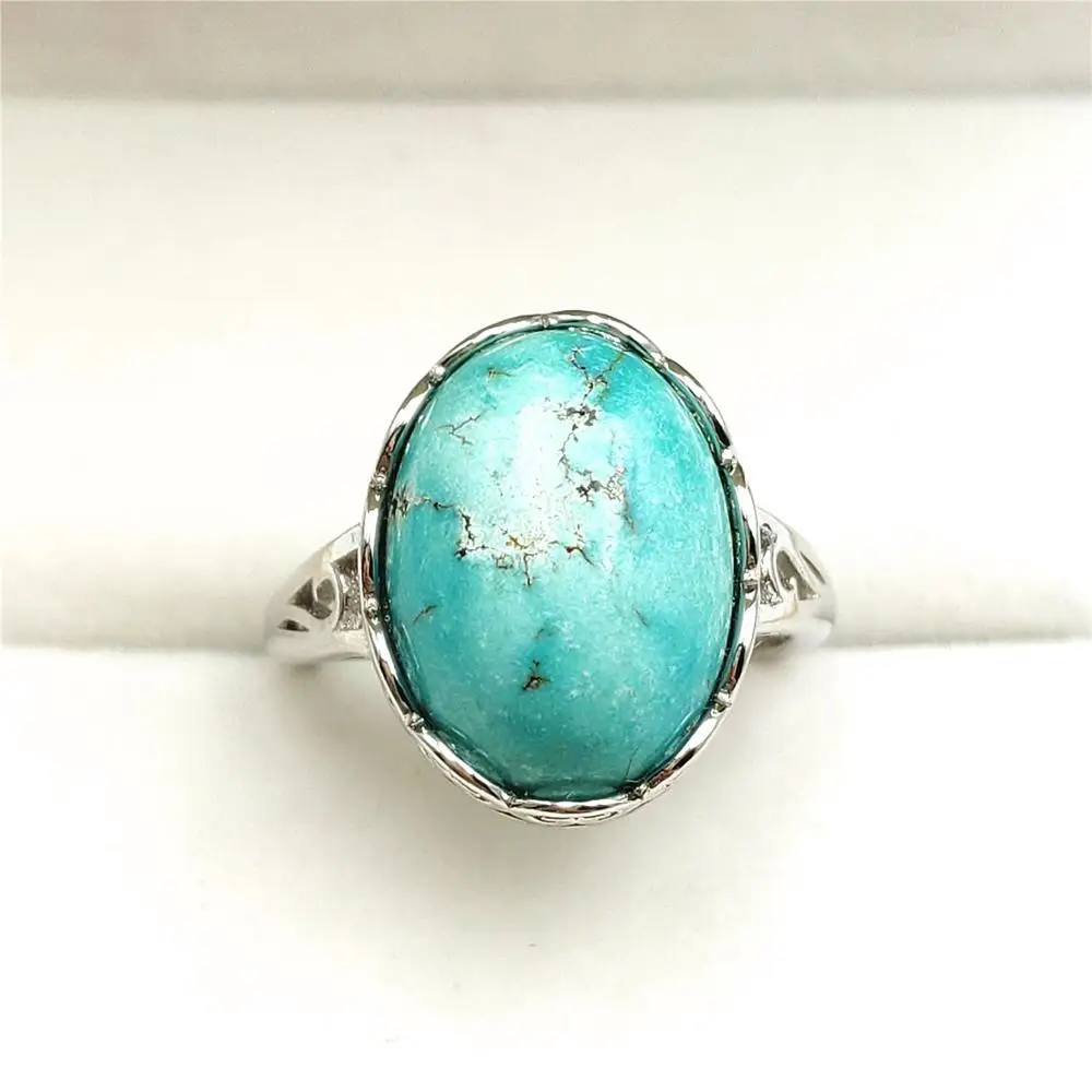 

Natural Green Turquoise Crystal Adjustable Women Ring 925 Silver 16x12mm Beads Lucky Love Gift Stone Ring AAAA Drop Shipping