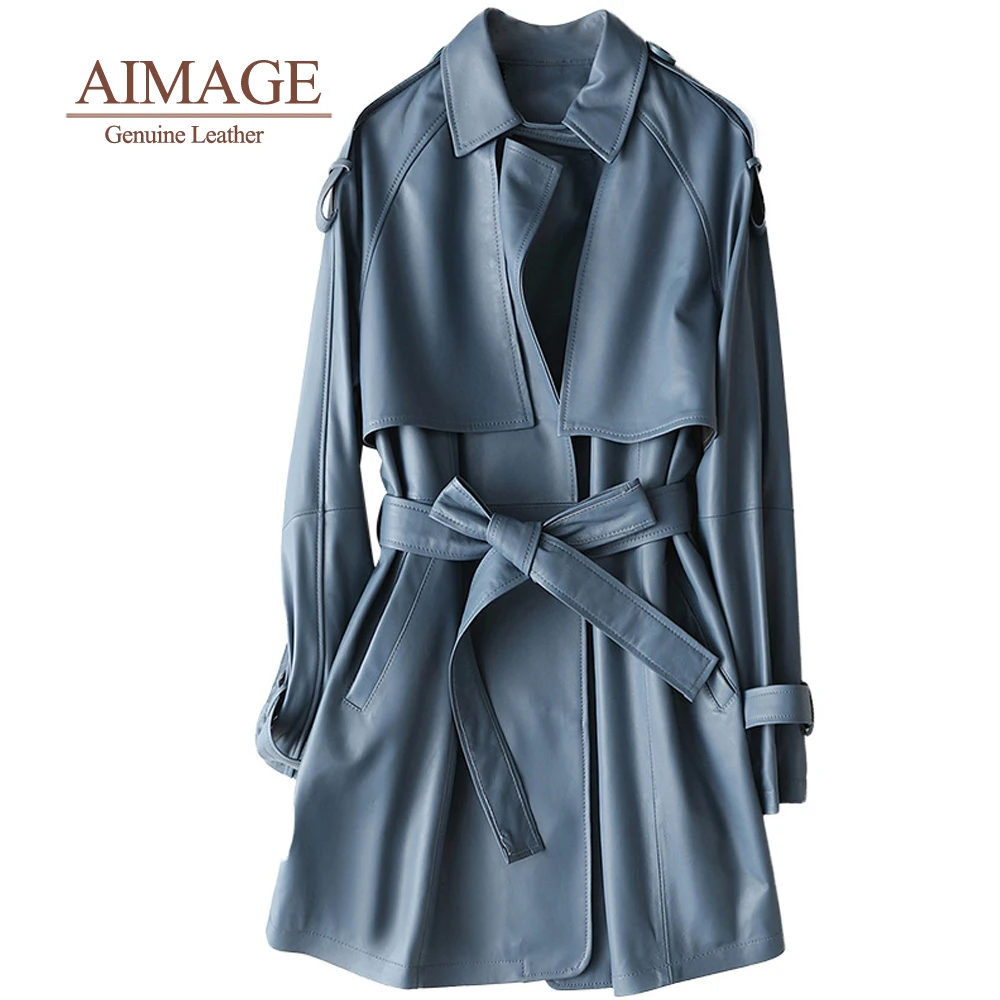 Корейские женские дубленки из овечьей кожи синие с отложным воротником и поясом