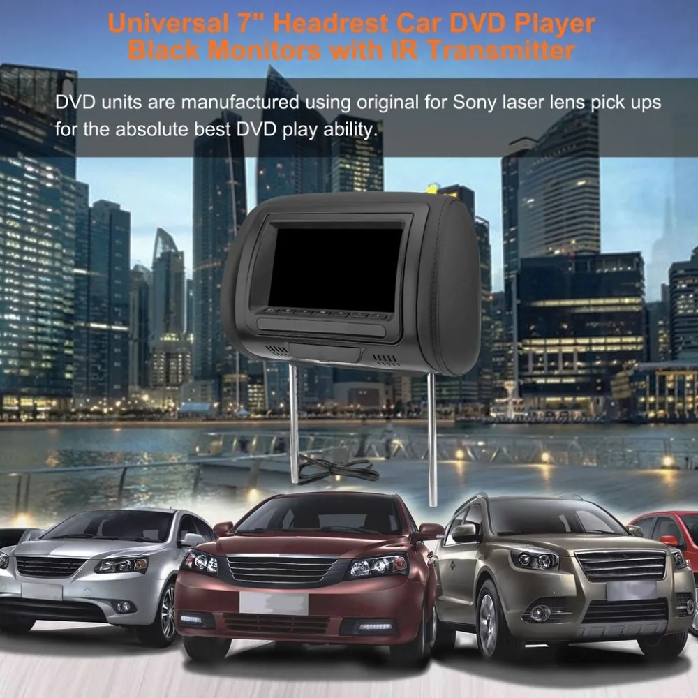7 дюймов черный автомобиль DVD/USB подголовник автомобиля мониторы с ИК передатчик внутренние колонки видео игры FM