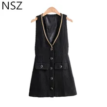 NSZ женское черное твидовое платье без рукавов с глубоким v-образным вырезом, украшенное цепочкой, элегантные шикарные короткие платья Vestidos