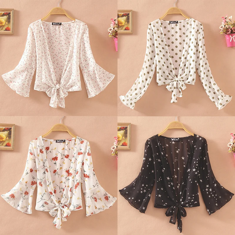 Summer Women Chiffon Blouse In Floral 2020 V Neck Tie Waist Cardogan Shirt Flare Sleeve Top Lace Beach Cover Up | Женская одежда
