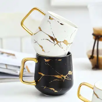 

Creative Fresh Nordic Style Marble Matte Gold Ceramic Cup Tea Coffee Mug With Wooden Lid Tray Gift mug coffee mug