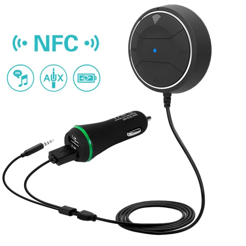 Nfc機能付きbluetoothハンズフリーカーキット 3 5 Auxオーディオレシーバー ワイヤレスアダプター Usb充電器2 1a 2台の電話とのペア Bluetooth Car Kit Aliexpress