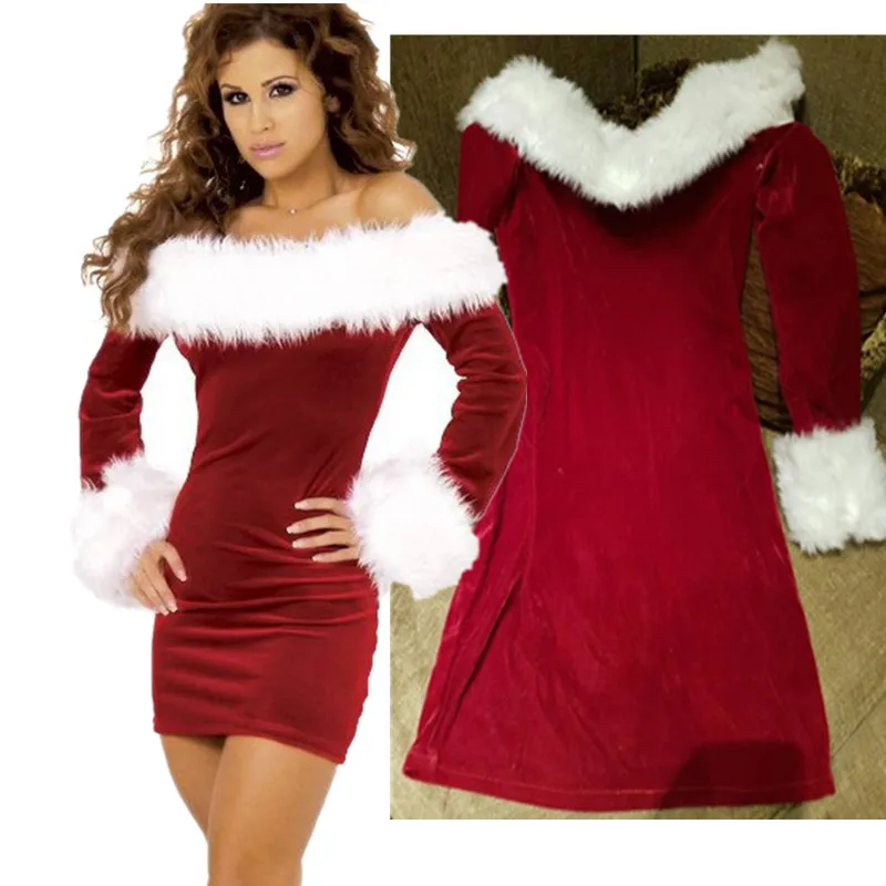 Качественные рождественские костюмы Санта Клауса для взрослых, женские сексуальные красные бархатные белые меховые мини-платья без бретелек, Рождественский наряд для костюмированной вечеринки
