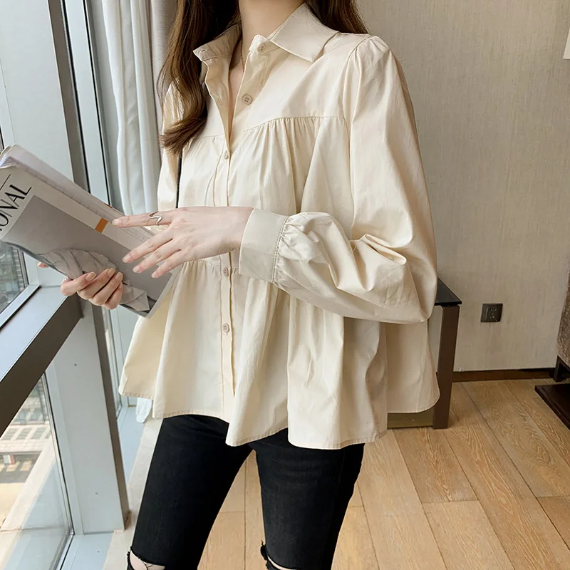 Autumn Cotton Shirt Women Casual Loose Clothing Gentle White Blouse Office  Lady Tops Pleated Long Puff Sleeve Shirt Blusas 17253 - Women Blouse -  AliExpress