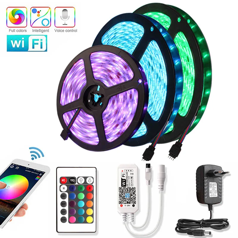 

RGB LED Strip 12V Waterproof Diode Tape 15M Flexible Neon Ribbon LED Light Strip 2835 Wifi ledstrip with 24key Control Adapter