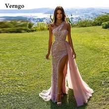 

Verngo Dusty Pink Mermaid Evening Dresses High Side Slit One Shoulder Overskirt Long Prom Gown 2022 Glitter Pageant Dress