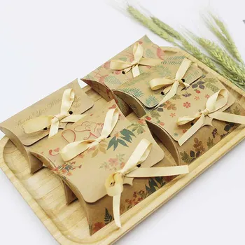 

Paper pillow box white /brwon color print thank you with love /special for u style box with beige /black ribbon packing box