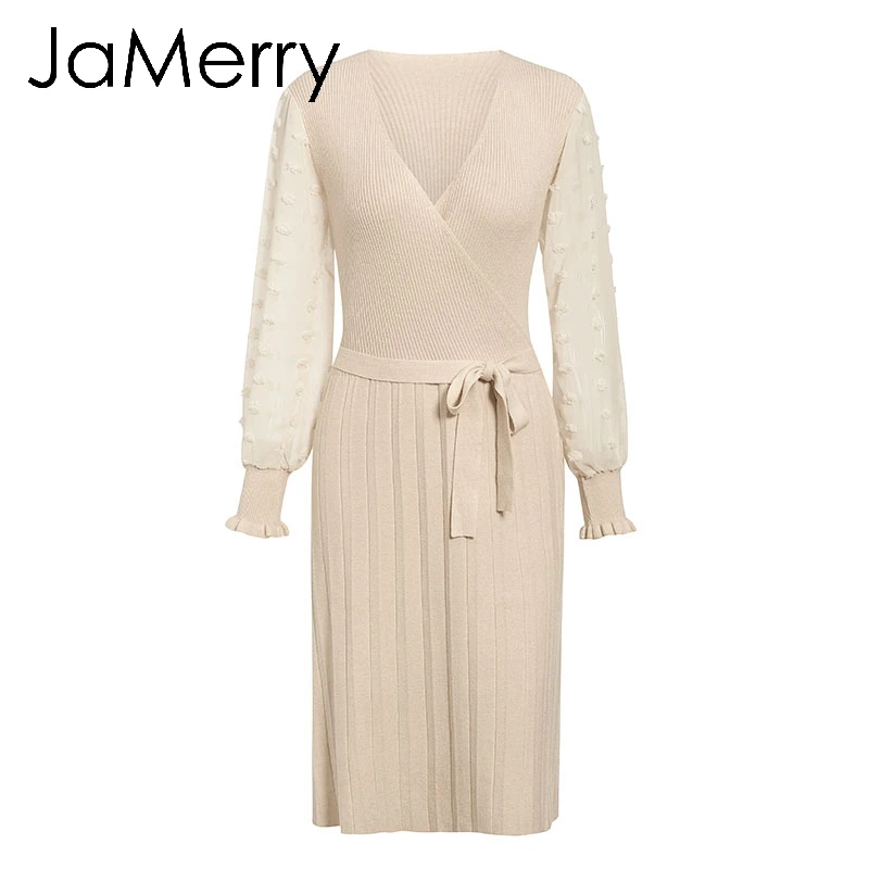 JaMerry винтажное элегантное женское трикотажное платье, сексуальное Плиссированное женское платье с длинным рукавом и поясом, осенне-зимний свитер, облегающие платья для вечеринок - Цвет: Бежевый