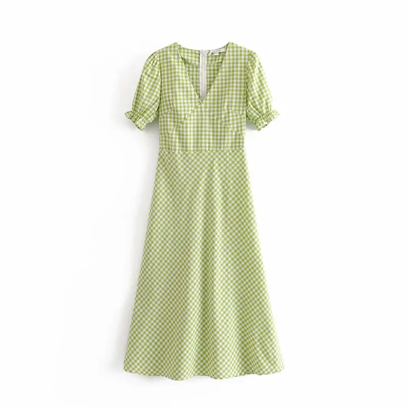 

Elegant Women V Neck Puff Sleeve Plaid Midi Dress 2019 Autumn Leisure lady Slim Dresses D3351
