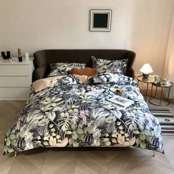 

Egyptian cotton bed linen 4pcs pastoral leaf leaves print bedding set Luxury bedclothes duvet cover king queen size