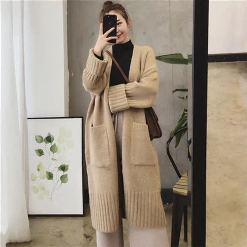 deep khaki Осень Зима Новая женская одежда корейский Свободный длинный вязаный кардиган женский толстый свитер пальто женское пальто n1109 - Цвет: deep khaki