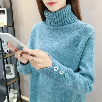 

Ailegogo Autumn Winter Women Turtleneck Pullovers Korean Style Loose Fit Casual Knitted Sweater Solid Color Ladies Colorful Tops