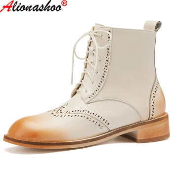

Aliona Shoo genuine leather ankle boots for women classic british style oxford shoes for women botas mujer lace up boots ladies