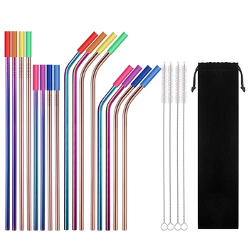 

Metal Straws Stainless Steel Straws 16 Pcs 10.5 inch 8.5 inch Multicolor Reusable Drinking Straws for 20/30 Oz Yeti Tumblers wit