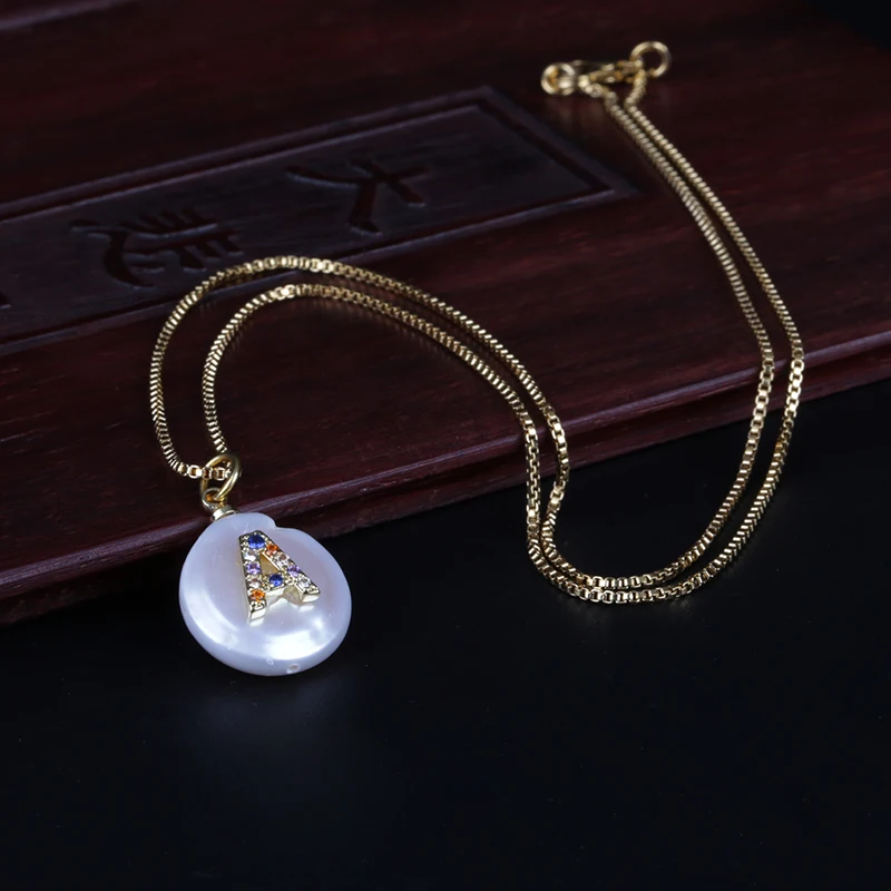 

colorful CZ initial 26 alphabet letter name charm freshwater pearl charm pendant dainty thin chain choker necklace for women