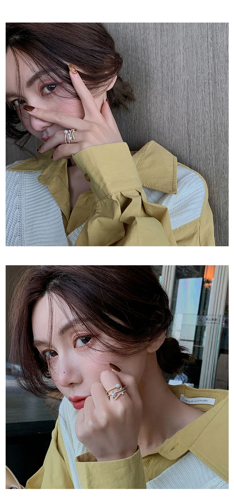 Luxuriöser und exquisiter dreilagiger Perlen-Goldfarben-verstellbarer Ring für Damenschmuck, koreanische Mode, Mädchen, ungewöhnliche Accessoires – Detail 3