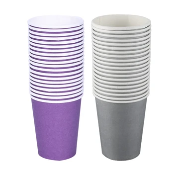 

40 Paper Cups (9Oz) - Plain Solid Colours Birthday Party Tableware Catering(Purple&Silver Gray)