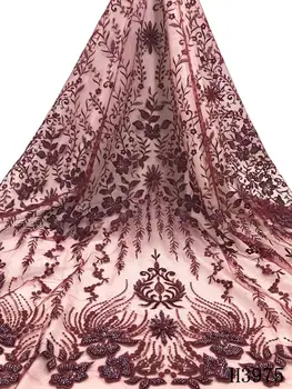 

Red African Wedding Lace Fabric Handmade Beaded Lace Fabric Embroidery Tulle French Lace Fabric With Sequins 2020 New HJ3975