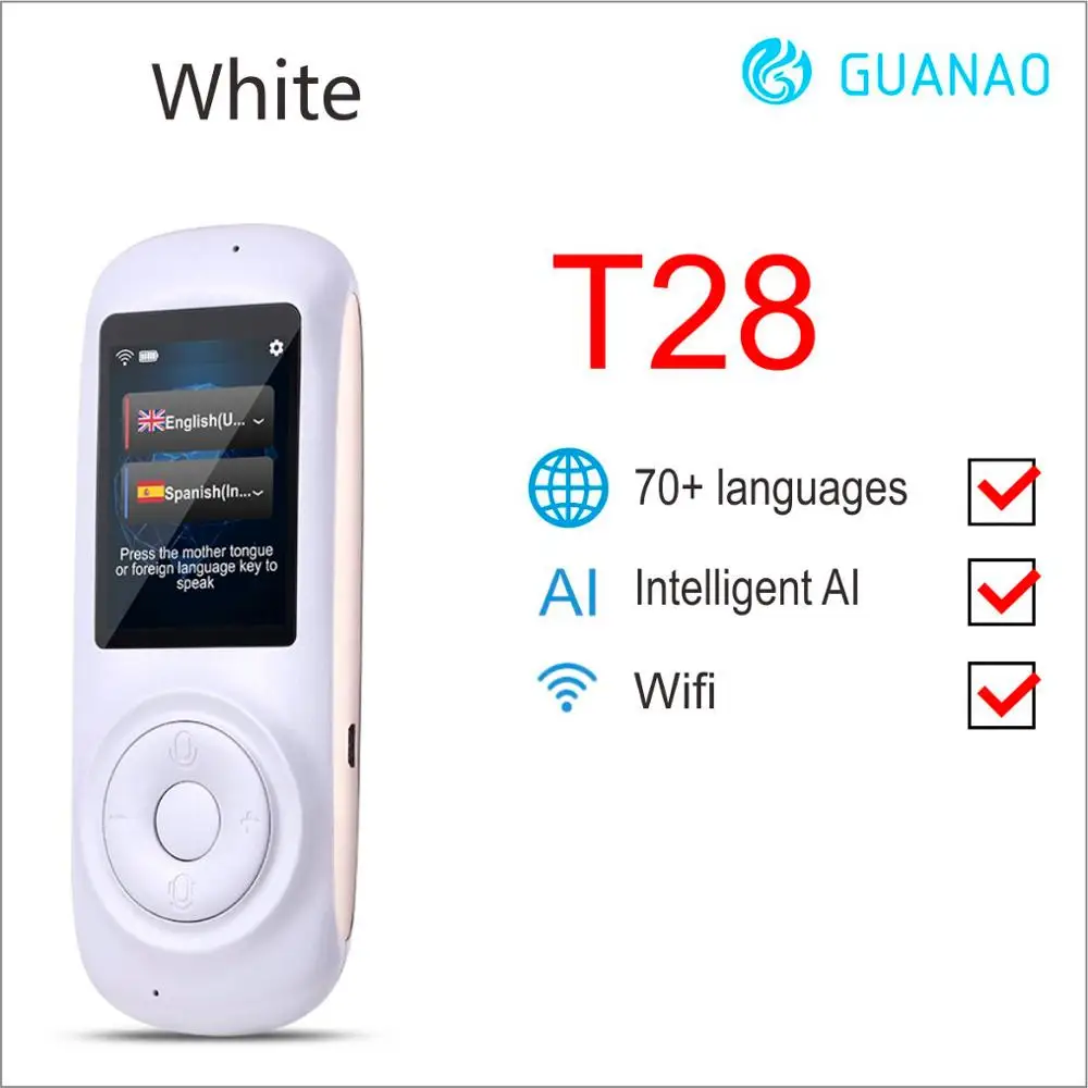 T28 white Глобальный портативный умный беспроводной переводчик ручной в режиме реального времени интерактивный мгновенный голосовой перевод поддержка 70 языков без шума - Цвет: T28 white