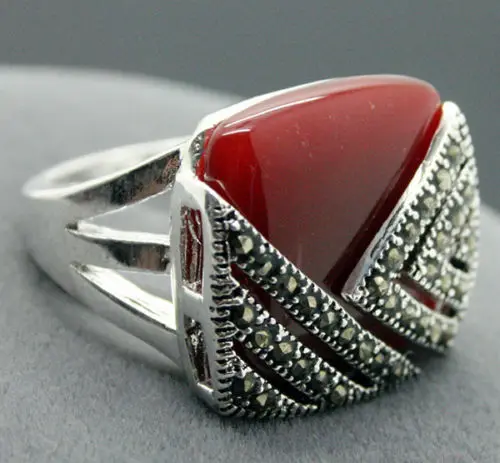 Commercio All'Ingrosso Di Buona 14*15Mm Argento 925 Natural Red Agate & Marcasite Piazza Ring Size 7/8/9/10 Nobiltà Delle Belle Uomo Genuino Dei Monil
