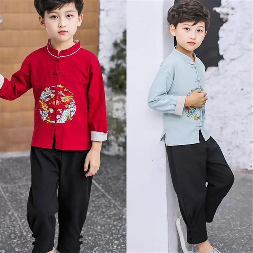

Kids Retro Chinese Tang Suit Boys Girls Dragon Embroidery Hanfu Traditional Tai Chi Uniforms Kung Fu New Year Birthday Gift