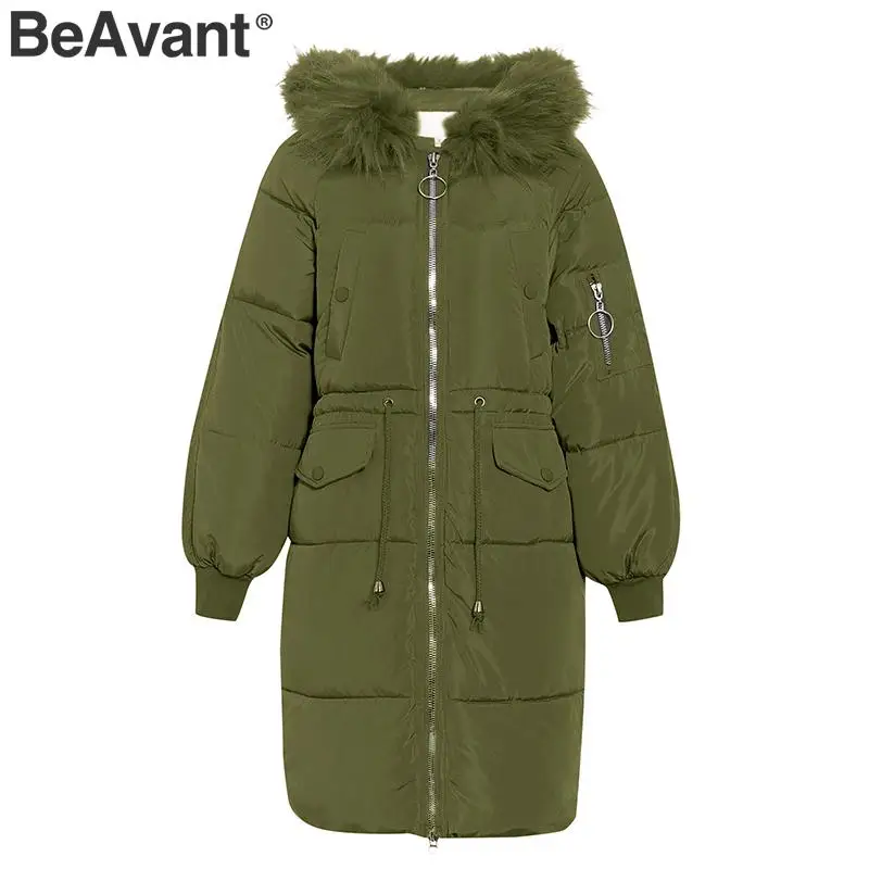 BeAvant, повседневные Длинные парки с карманами, женская зимняя теплая куртка с меховым воротником и капюшоном, Женское пальто с подкладкой, на молнии, на шнуровке, женская верхняя одежда, куртки - Цвет: Армейский зеленый